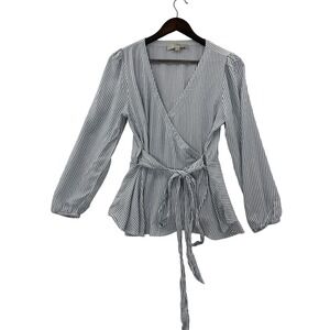 LOFT Wrap Blouse Womens Medium Blue White Striped Peplum V-Neck Snap